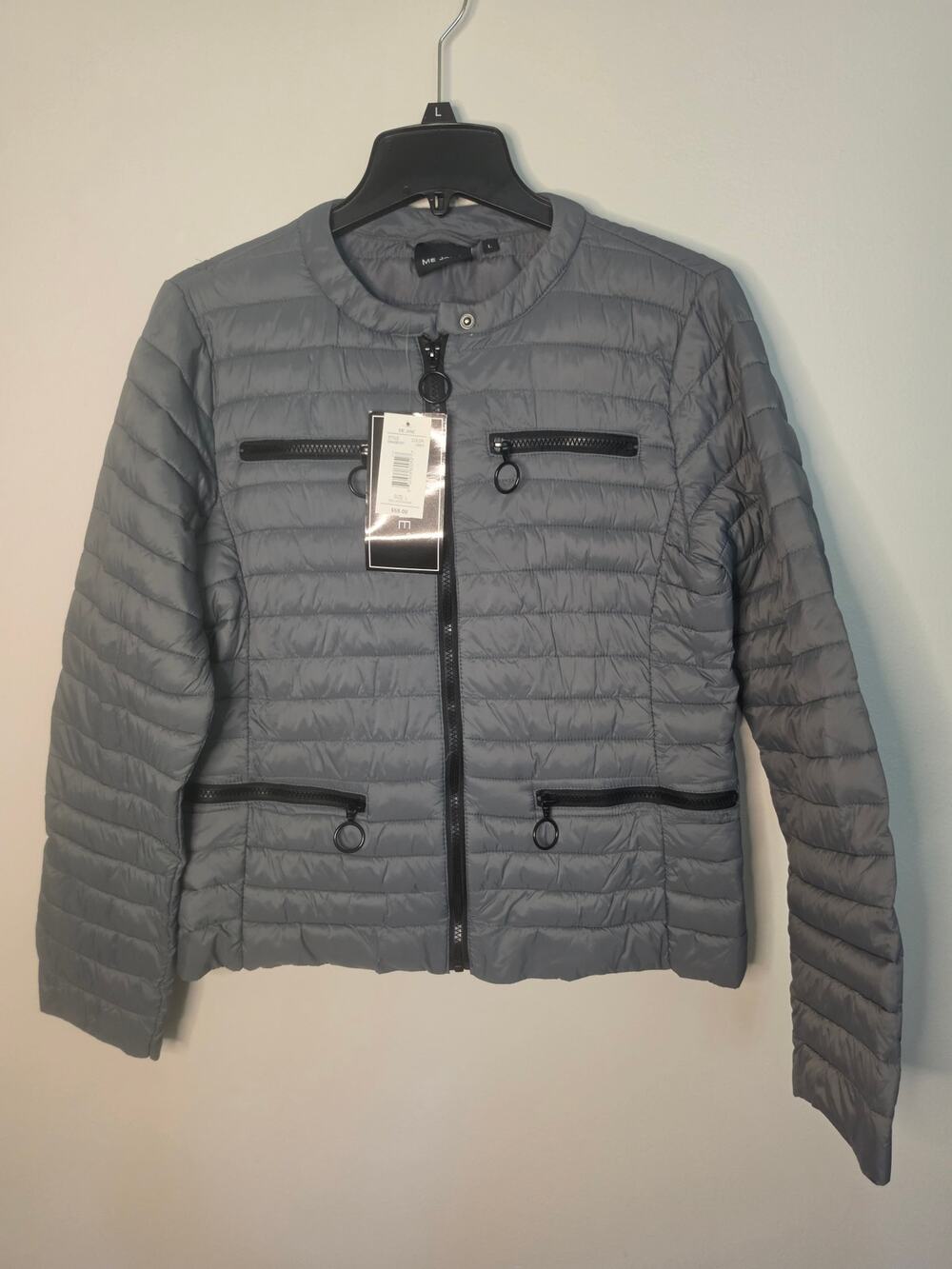 NWT Me Jane Gray Quilted Moto Puffer Jacket Black Zippers Ring Pull Size L